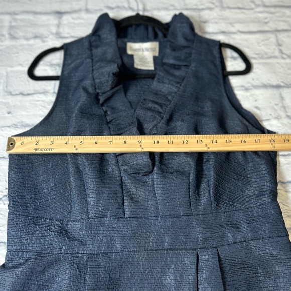 Danny & Nicole Navy Ribbed Sheath Knee Length Dress with Ruffled VNeck Collar. - Picture 6 of 10